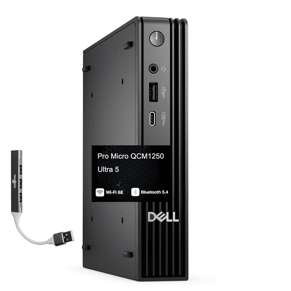 Dell Pro Micro QCM1250 AI Business Mini Desktop (Intel Ultra 5-235T, Intel Graphics shared, 16GB DDR5, 1TB PCIe SSD, WiFi 6E, Bluetooth 5.4, 90W PSU, RJ-45, Win 11 Pro) w/DKZ USB Port Expander