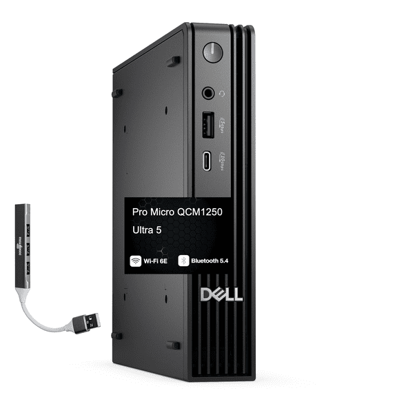 Dell Pro Micro QCM1250 AI Business Mini Desktop (Intel Ultra 5-235T, Intel Graphics shared, 32GB DDR5, 1TB PCIe SSD, WiFi 6E, Bluetooth 5.4, 90W PSU, RJ-45, Win 11 Pro) w/DKZ USB Port Expander