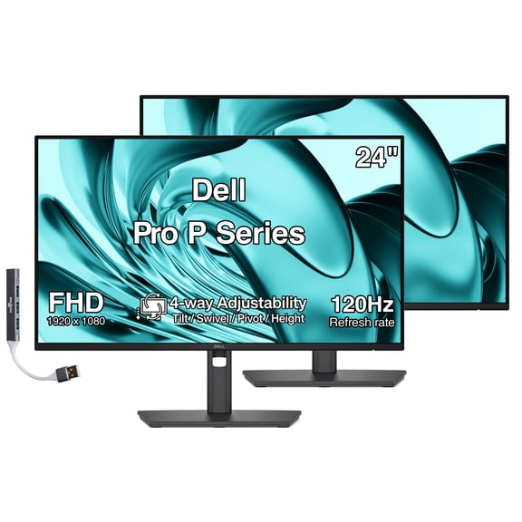 Dell Pro P Series 24" FHD IPS Monitor, 5ms Response Time, Swivel/Height/Pivot/Tilt, Anti-Glare, Flicker Free, VESA Mount (100mm), HDMI, DisplayPort & Dockztorm USB Port Expander, Dark Gray 2 Pack