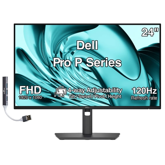 Dell Pro P Series 24" FHD IPS Monitor, 5ms Response Time, Swivel/Height/Pivot/Tilt, Anti-Glare, Flicker Free, VESA Mount (100mm), HDMI, DisplayPort & Dockztorm USB Port Expander, Dark Gray