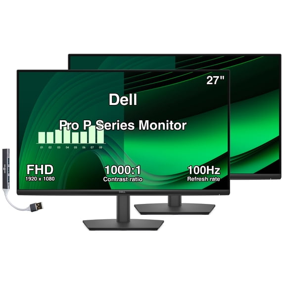 Dell Pro P Series 27" FHD IPS Monitor with 5ms Response Time, Anti-Glare, 300 nits Brightness, VESA Mount (100mm), DisplayPort, HDMI, VGA & Dockztorm USB Port Expander, Black Color 2 Pack