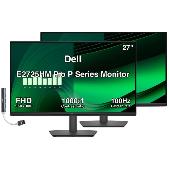 Dell Pro P Series 27" FHD IPS Monitor with 5ms Response Time, Anti-Glare, 300 nits Brightness, VESA Mount (100mm), DisplayPort, HDMI, VGA & Dockztorm USB Port Expander, Black Color (E2725HM) 2 Pack