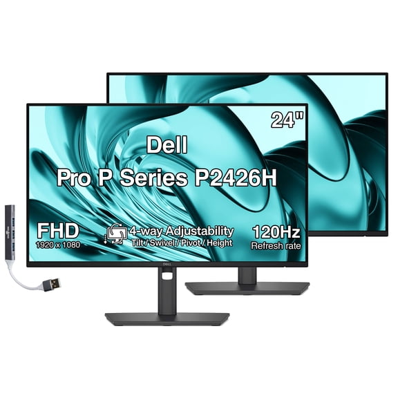 Dell Pro P Series P2426H 24" FHD IPS Monitor, 5ms Response Time, Swivel/Height/Pivot/Tilt, Anti-Glare, Flicker Free, VESA Mount(100mm), HDMI, DisplayPort &Dockztorm USB Port Expander, Dark Gray 2Pack