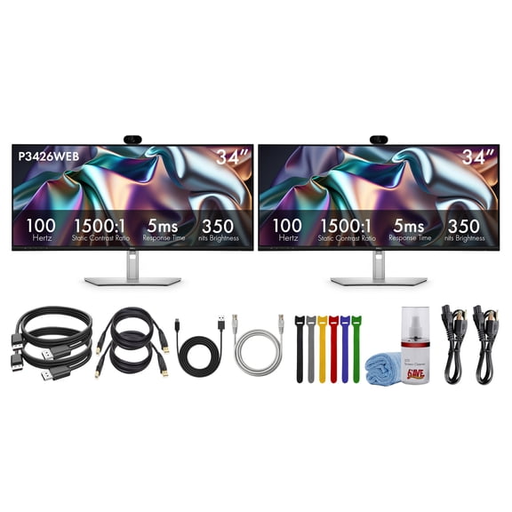 Dell Pro P3426WEB 34" Curved WQHD Monitor, 3440x1440 IPS 100Hz, USB-C Hub 90W Power, 5MP Webcam, Dual 5W Speakers, RJ45 Ethernet, KVM Switch | 2-Monitor Bundle with Cleaning Kit