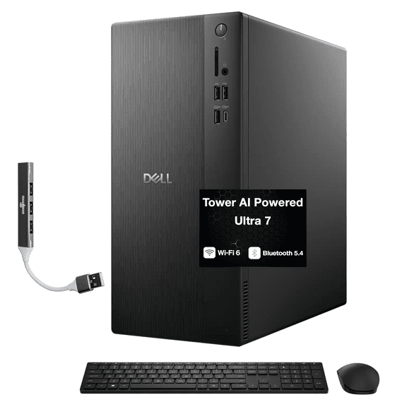 Dell Tower ECT1250 AI Powered Desktop (Intel Ultra 7-265, 64GB DDR5, 4TB PCIe SSD, Intel UHD, 180W PSU, WiFi 6, Bluetooth 5.4, RJ-45, 1 Display Port, HDMI, Win 11 Pro) w/DKZ USB Port Expander
