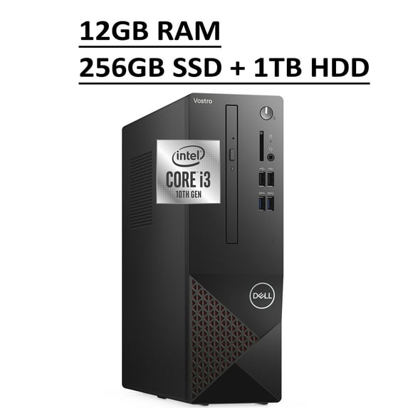 Dell Vostro 3000 3681 Small Business Desktop Computer 10th Gen Intel Quad-Core i3-10100 12GB RAM 256GB SSD 1TB HDD Intel UHD Graphics 630 DVD-RW HDMI VGA WiFi Bluetooth Win10 Pro Black