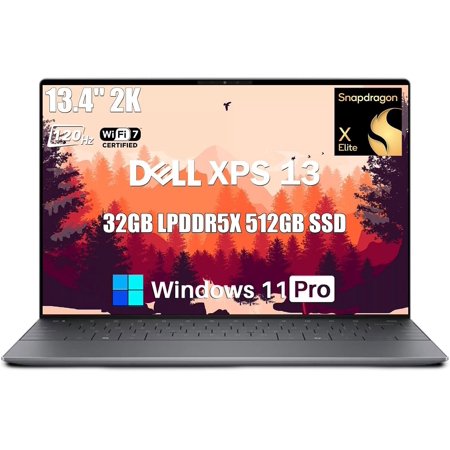 Dell XPS 13 Business Laptop, 13.4" 120Hz Display, 32GB LPDDR5X, 512GB NVMe SSD, Snapdragon X Elite, Wi-Fi 7, Backlit KB, Fingerprint, Copilot AI, Windows 11 Pro
