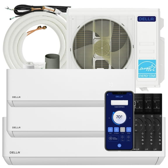 Della 27K BTU ODU 3 Zone 9K 9K 18K BTU 24 SEER2 208-230V Cools Up to 1800 Sq.Ft, Wifi Energy Efficient, Works with Alexa, Multi Zone Mini Split Air Conditioner Pre-Charged Heat Pump Full Set