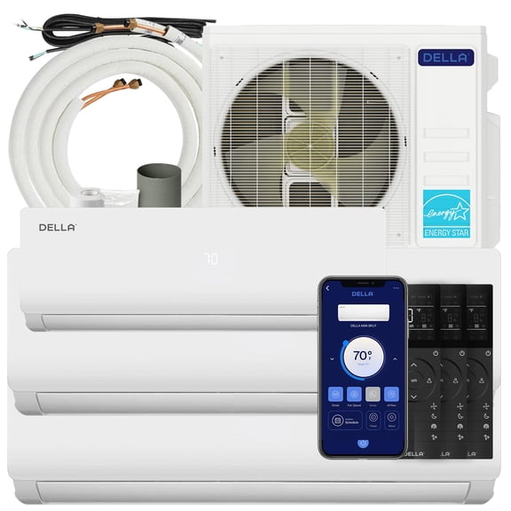 Della 28K BTU ODU Tri 3 Zone (9K 12K 12K BTU) Air Conditioner, Works with Alexa and Wifi, 20 SEER2 208-230V Cools Up to 1500 Sq.Ft Energy Efficient Multi Zone Pre-Charged Heat Pump Full Set