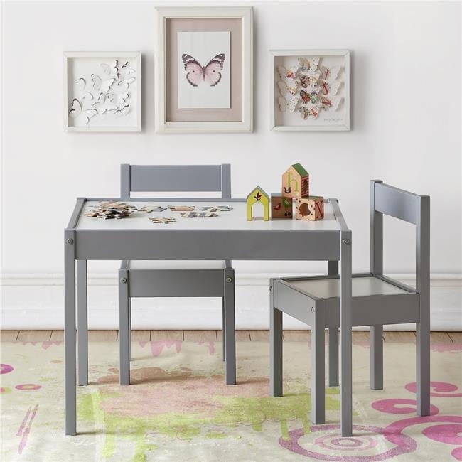 Della 3 Piece Solid Wood Kids Table & Chair Set, Gray