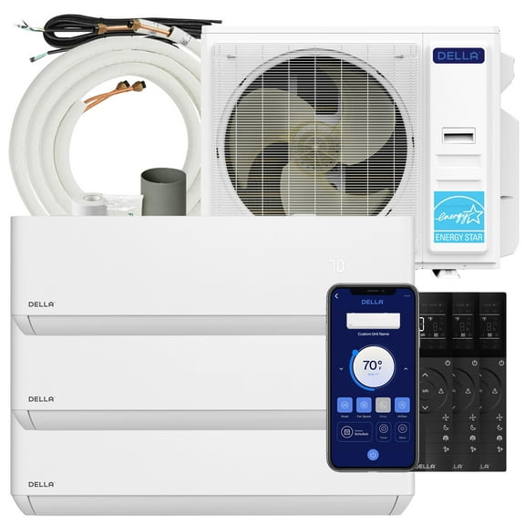 Della 35K BTU ODU 3 Zone (9K 9K 12K BTU) Cools Up to 1350 Sq.Ft, 22.5 SEER2 208-230V Multi Zone, Works with Alexa and Wifi, Energy Efficient Mini Split Air Conditioner Pre-Charged Heat Pump Full Set