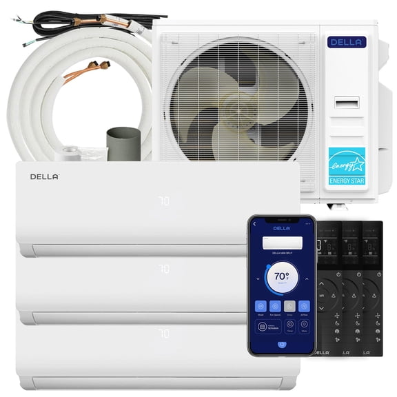 Della 35K BTU ODU Tri 3Zone (9K 9K 12K BTU) Cools Up to 1350 Sq.Ft, 19 SEER2 208-230V Multi Zone, Works with Alexa and Wifi, Energy Efficient Mini Split Air Conditioner Pre-Charged Heat Pump Full Set
