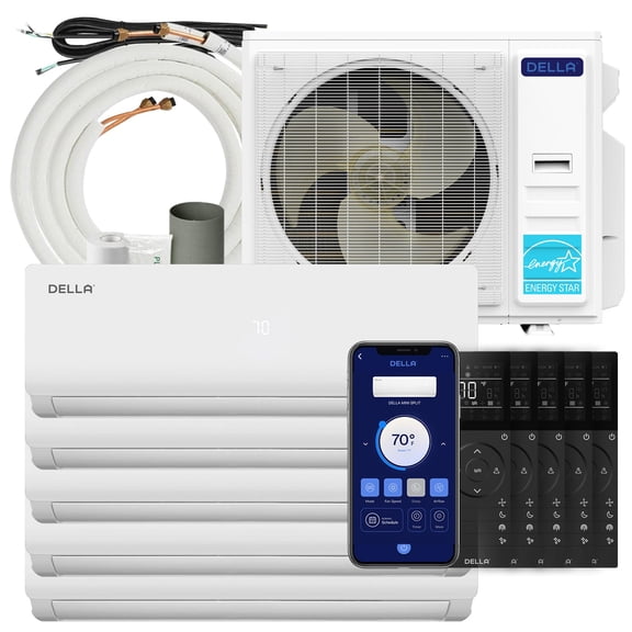 Della 45K BTU ODU Multi Zone Air Conditioner Five 5 Zone (9K 9K 9K 9K 12K) Mini Split 19 SEER2 208-230V Cools Up to 2150 Sq.Ft, Works with Alexa, Wifi Energy Efficient Pre-Charged Heat Pump Full Set