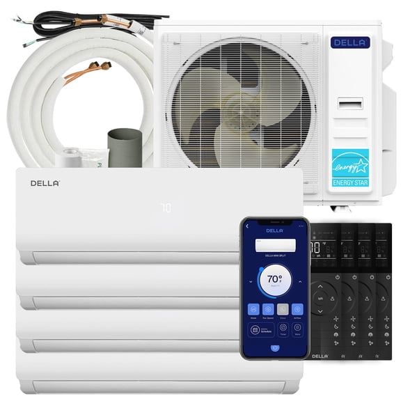 Della 45K BTU ODU Multi Zone Air Conditioner Quad 4 Zone (9K 9K 12K 12K) Mini Split 19 SEER2 208-230V Cools Up to 1900 Sq.Ft, Works with Alexa, Wifi Energy Efficient Pre-Charged Heat Pump Full Set