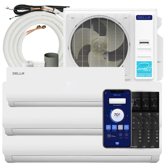 Della 45K BTU ODU Tri 3 Zone 12K 18K 18K BTU 19 SEER2 208-230V Cools Up to 2550 Sq.Ft, Works with Alexa, Wifi Energy Efficient Multi Zone Mini Split Air Conditioner Pre-Charged Heat Pump Full Set