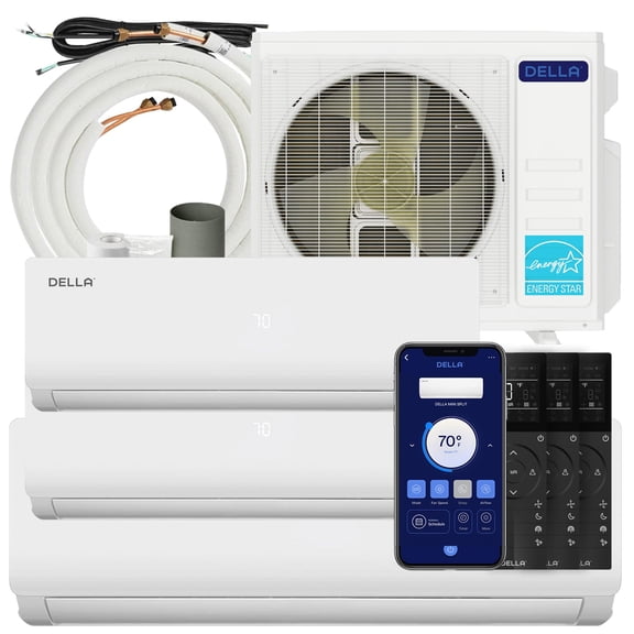 Della 45K BTU ODU Tri 3 Zone 18K 18K 24K BTU 19 SEER2 208-230V Cools Up to 3500 Sq.Ft, Works with Alexa, Wifi Energy Efficient Multi Zone Mini Split Air Conditioner Pre-Charged Heat Pump Full Set