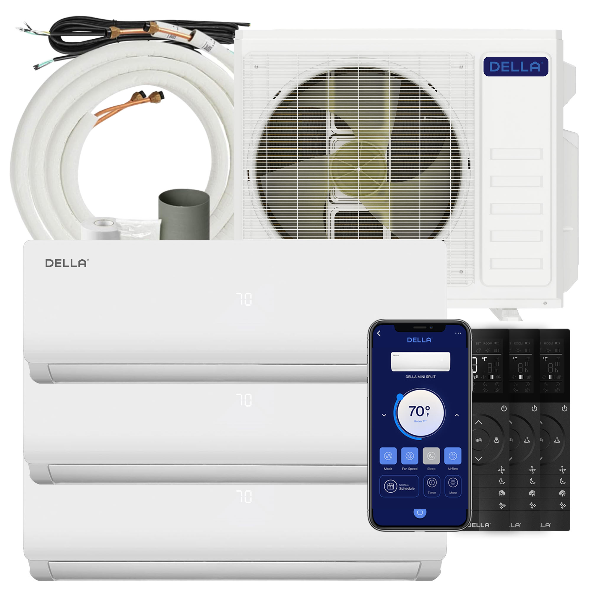 Della Mini Split Air Conditioner 28K BTU ODU Tri 3 Zone (9K 9K 12K BTU) 20 SEER2 208-230V Works with Alexa, Cools Up to 1350 Sq.Ft, Wifi Energy Efficient Multi Zone Pre-Charged Heat Pump Full Set