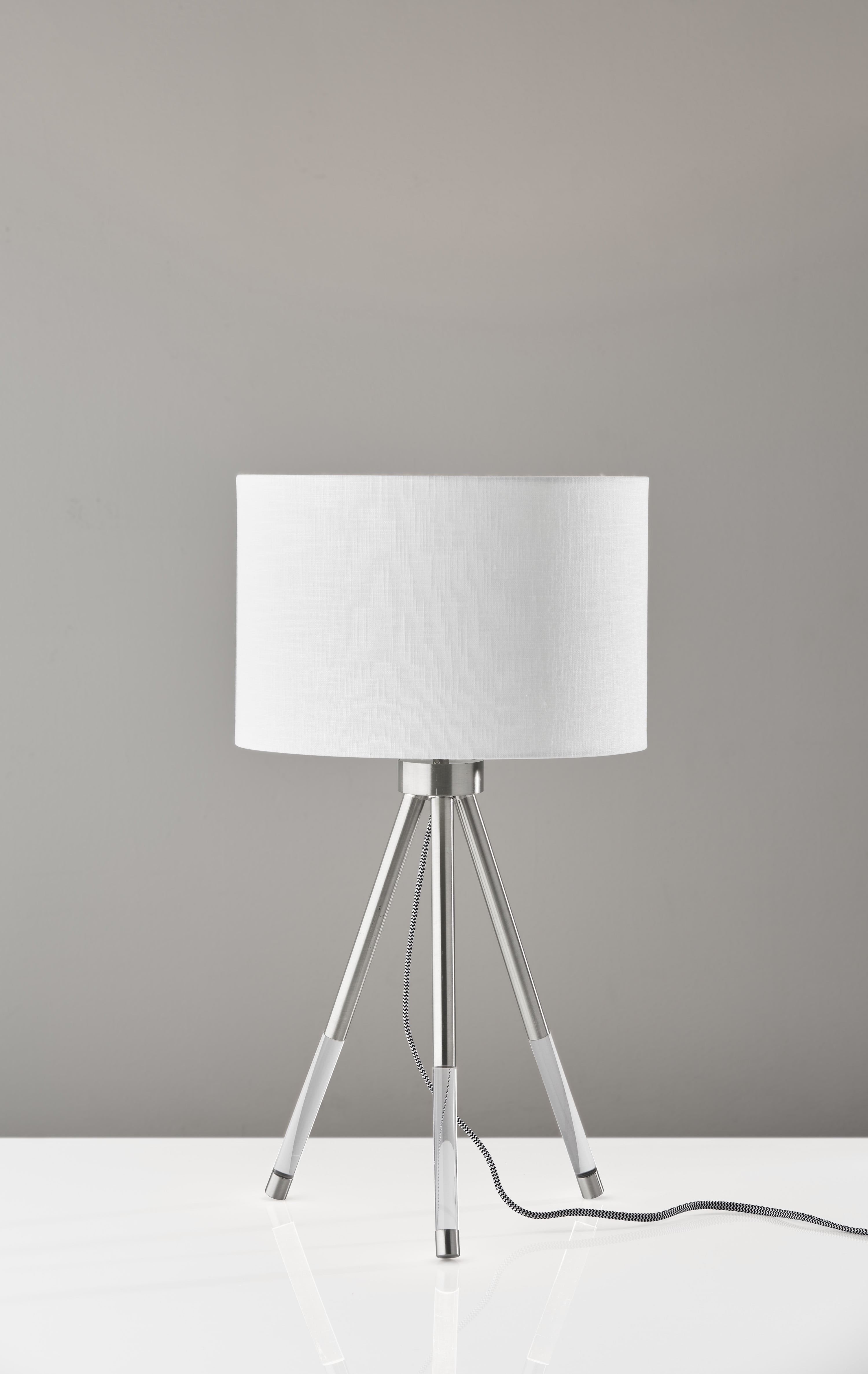 White Tripod Table Lamp with Brushed Steel Finish