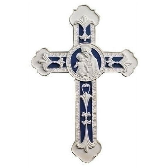 Della Robbia Madonna and Child White Blue 9 inch Decorative Wall Cross