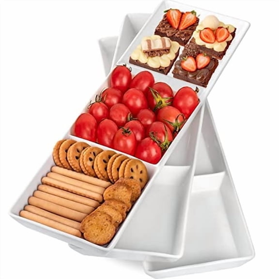 Delling 16in Ceramic Serving Platter Set of 3, 3 Compartment Appetizer Serving Tray, White
