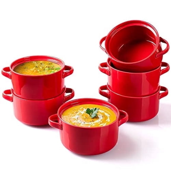 Delling Soup Bowls Ceramic with Handles, 24 oz French Onion Soup, 6 pack, Red