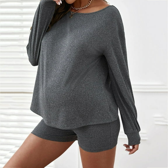 Delliss 2 Piece Sets for Women Casual Crew Neck Off Shoulder Pullover Long Sleeve Top Shorts Lounge Outfits