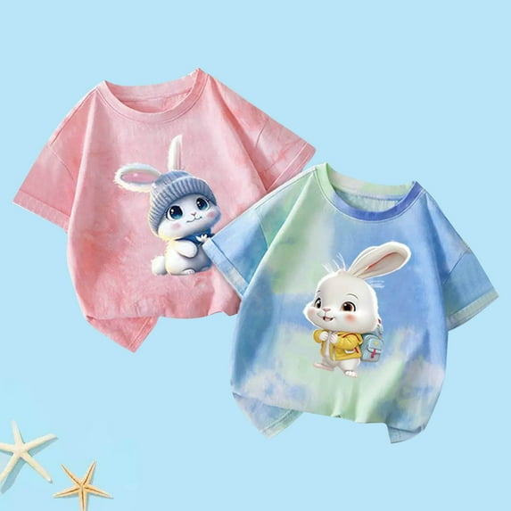 Delliss 2PC summer new item for boys and girls children's short sleeved rabbit printed tie dye T-shirt 1-12 Years casual Top