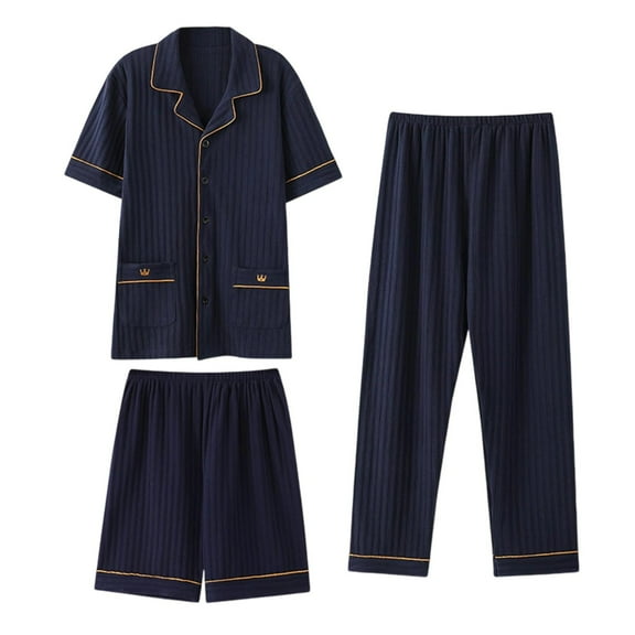 Delliss 3 Piece Pajama Set For Men Cotton Short Sleeve Set Casual Loose Fit Plus Size Outdoor Pajama Set Navy XL