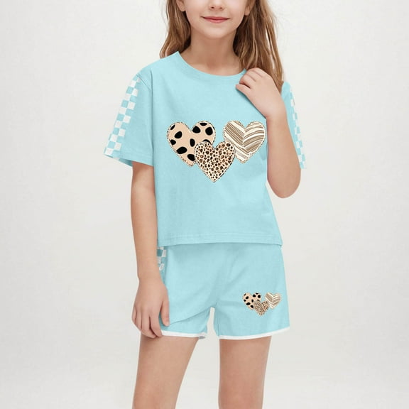 Delliss 5-14 Years Girls Short Love print Sets Short Sleeve T-Shirts and Casual Shorts With Pockets Cute fashion Top Clothes Sets 2PC Green 7 Years