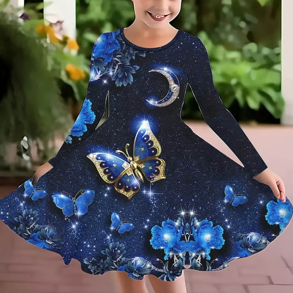 Delliss Autumn And Winter Girls' Christmas Butterfly Print Long Sleeve Round Neck Dress 4-12 Years