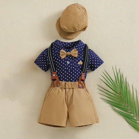 Delliss Baby Boy Clothes Infant Boy Gentleman Outfits Suit,Dress Shirt + Suspender Pants + Bowtie + Beret Hat Wedding 1-8 Years