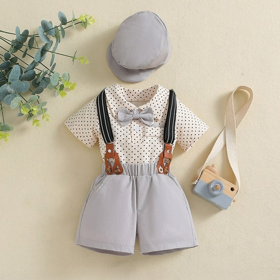 Delliss Baby Boy Clothes Infant Boy Gentleman Outfits Suit,Dress Shirt + Suspender Pants + Bowtie + Beret Hat Wedding 1-8 Years