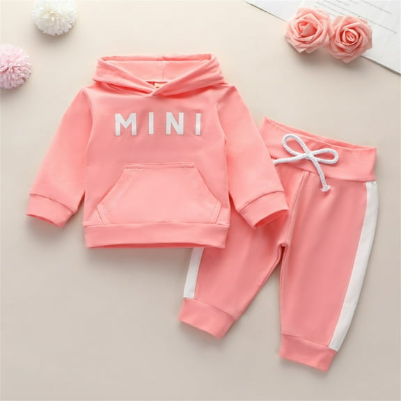 Delliss Baby Girl Fashion Print Hooded Sweatshirt With Pocket And Long Drawstring Pants Set
