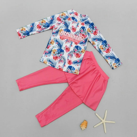 Delliss Baby Girl's Trendy Print Long Sleeve Sun Protection Swimsuit Skirt Style Long Pants Two Piece