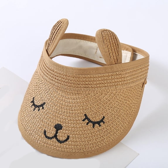 Delliss Baby Girls Boys Roll-up Straw Hat Sun Visor Hat for Kids Wide Brim Cute Bunny Ponytail Summer Beach Adjustable Sun Hat Open Top Visor Hat