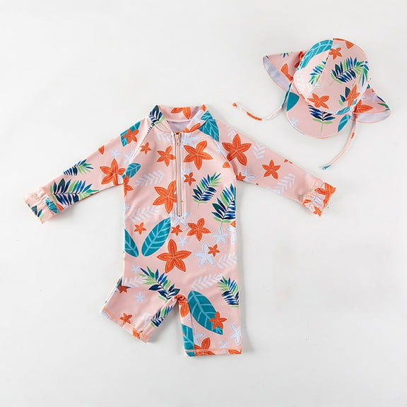 Delliss Baby Girls One Piece Swimsuit with Recyclable Toddler Half Zip Swimwear with Sun Hat Infant Sunsuit Set 2-7 Years