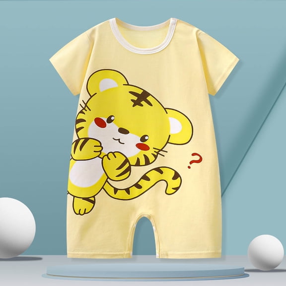 Delliss Baby Girls Short Sleeve Tiger Print Rompers Toddler Girls Jumpsuits One-Piece Cotton Outfits Yellow 3-15 Months