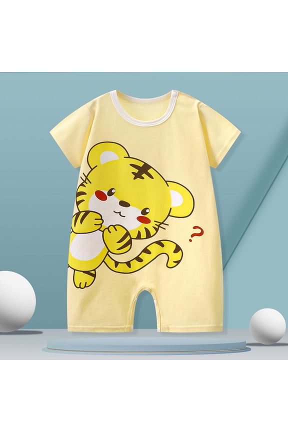 Baby Girls Short Sleeve Tiger Print Rompers Toddler Girls Jumpsuits One-Piece Cotton Outfits Yellow 3-15 Months