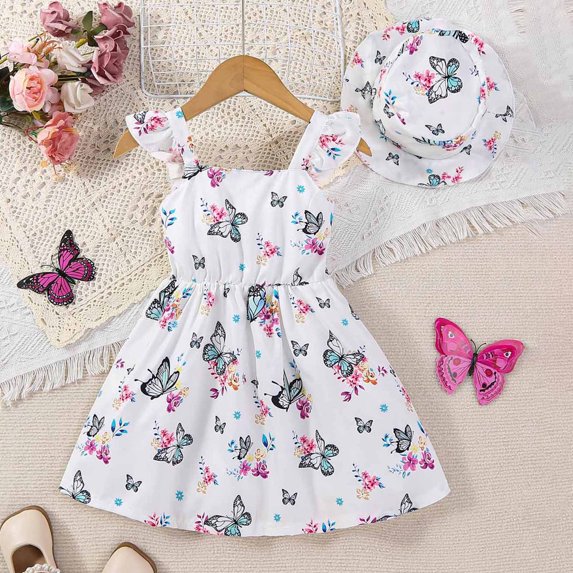 Delliss Baby Girls Sleeveless Sundress Summer Toddler Butterfly Print Flutter Sleeve Playwear Beach Sundress