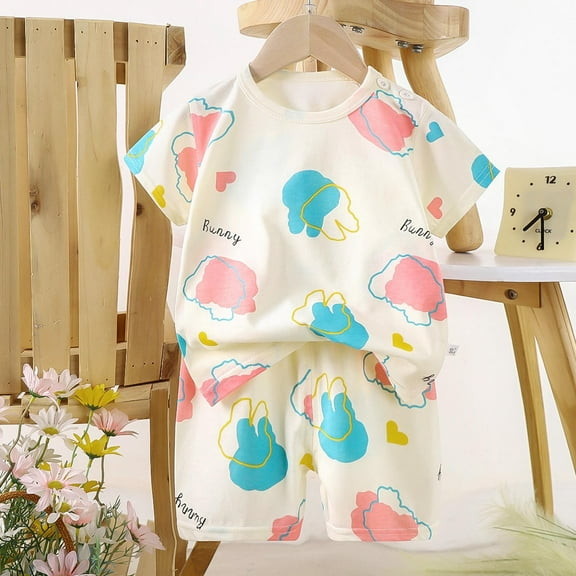Delliss Baby Girls' Summer Cotton 2 Piece Set Toddler Girls Rabbit Pattern Casual T Shirt Shorts Set 6 Months-6 Years