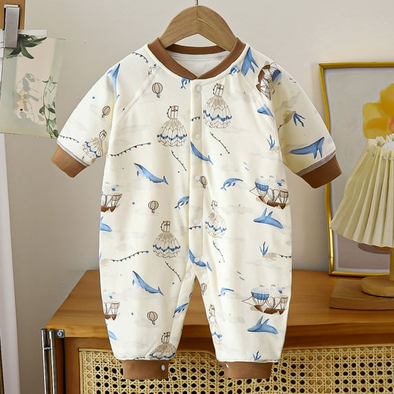 Delliss Baby Rompers Newborn Boy Girl Cotton Whale Print Long Sleeve Jumpsuits One-Piece Infant Bodysuit