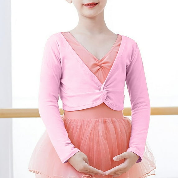 Delliss Ballet Wrap Top Cotton Long Sleeve Dance Cardigan Shrug for Girls 4-14 Years