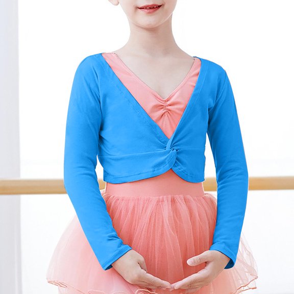 Delliss Ballet Wrap Top Cotton Long Sleeve Dance Cardigan Shrug for Girls 4-14 Years