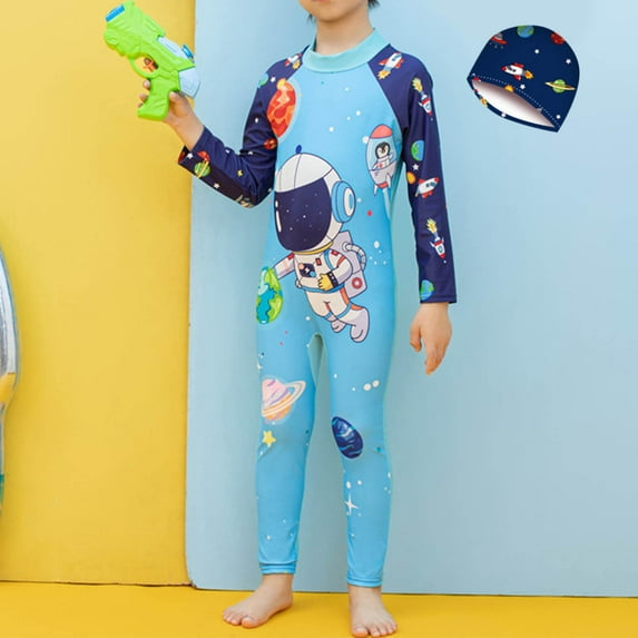 Delliss Boy Toddler One-Piece Swimsuit Astronaut Print Long Sleeved Swimwear Zipper Bathing Suit Sun Protection Surfing Suit