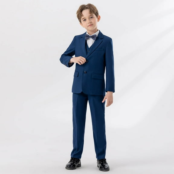 Delliss Boy's 5 Piece Formal Suit Set Includes Suit Jacket, Comfort Waist Dressy Pants, Vest, Dressy Shirt, Necktie