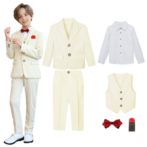 Delliss Boys' 6 Piece Trendy Cool Formal Suit Set, Coat, Vest, Pants, Collared Dress Shirt, Pocket Square And Bow Tie