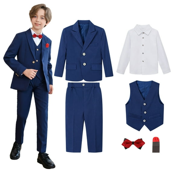 Delliss Boys' 6 Piece Trendy Cool Formal Suit Set, Coat, Vest, Pants, Collared Dress Shirt, Pocket Square And Bow Tie