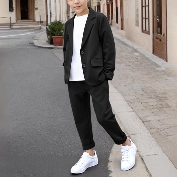 Delliss Boys Blazer Jacket Pants Suit Solid Color Long Sleeve Lapel Open Front Blazers 2pcs Casual Suit for Kids