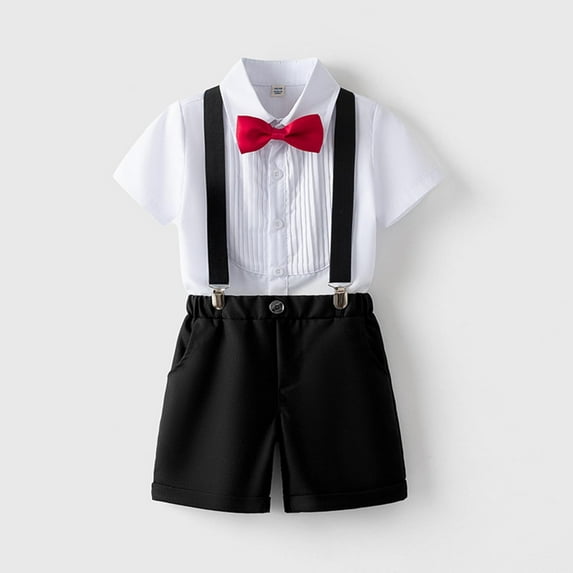 Delliss Boys Gentlemen British Style Solid Color Short Sleeve Lapel T-Shirt Bow Tie Suspender Shorts Four Piece Performance Suit 1-12 Years