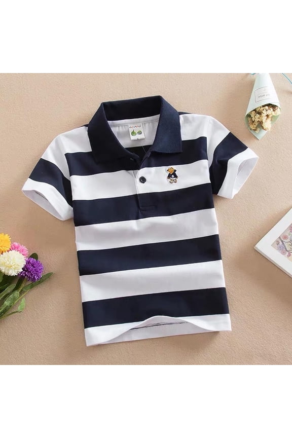 Boys Rainbow Striped Shirts for Kids Short Sleeve Cotton Button T-Shirts Crew Neck Tops 1-14 Years